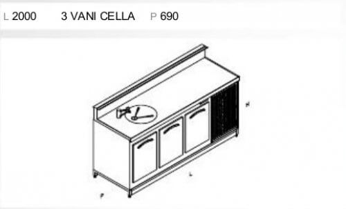 Banco Bar refrigerato inox profondità 70 cm lunghezza 200 cm 3 celle Refrigerazione integrata