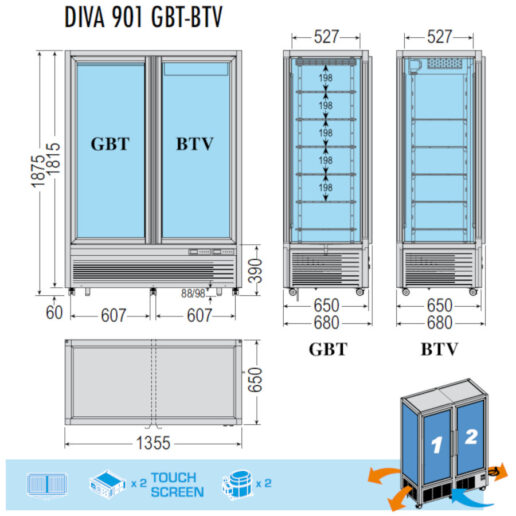 Vetrina refrigerata 2 porte doppia temperatura -10/-19 °C -15/-21 °C 800 Lt con illuminazione led L. 135 cm Tecfrigo