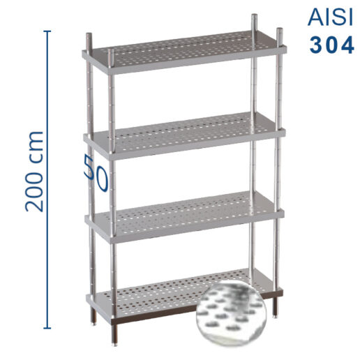 Scaffale acciaio inox altezza 200 cm ripiani forati profondità 50 cm AISI 304